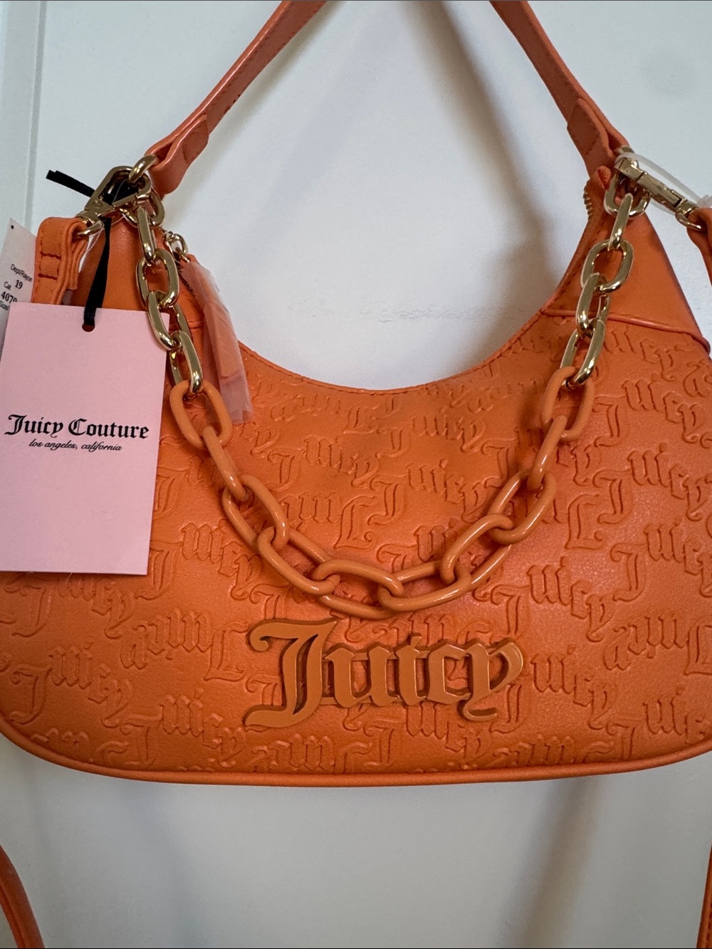 Juicy Couture Bright Orange Embossed Hobo/Shoulder Bag with Chain - Picture 2 of 9